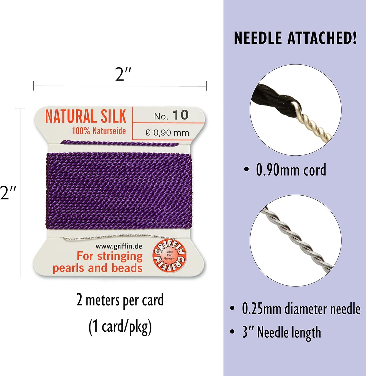 Griffin Silk Bead Cord Perlseide – Size 10 (0.90mm) – 2 Meters per Card – Stainless Steel Needle Attached – for Knotting Pearls, Gemstones, Crystals and Beads